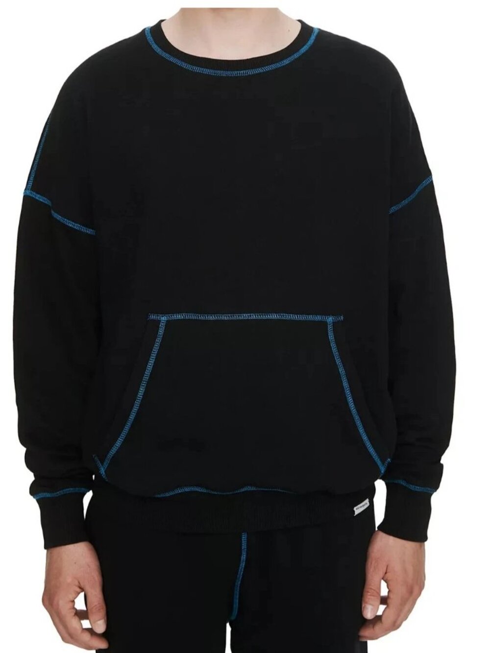 Eleven Paris Men's Contrast Seams Fleece Sweatshirt, Black With Blue Trim, Large